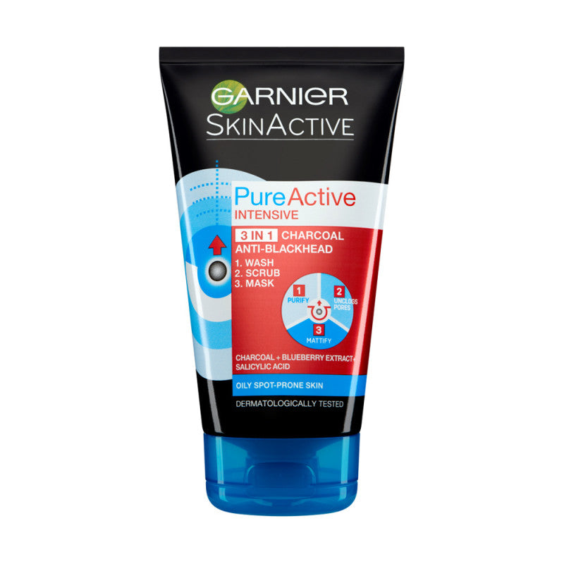 Garnier Pure Active 3in1 Charcoal Anti-Blackhead Wash, Scrub & Mask